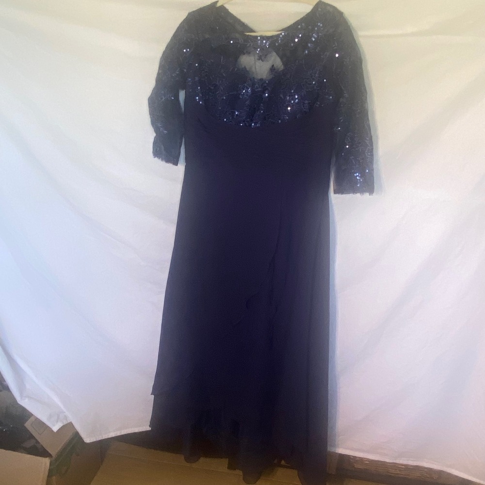 Ryanth Navy Blue Sequined Lace‎ Chiffon Evening Gown Dress Size 10 NEW